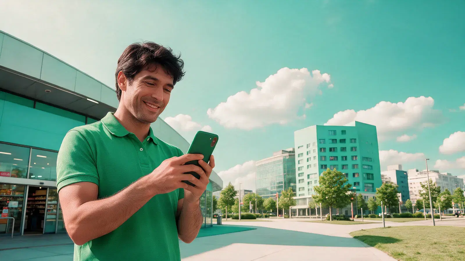 Anthor sorrindo com o celular na mão, ao ar livre