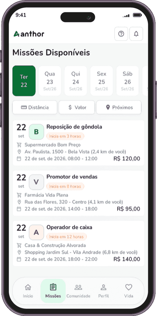 Tela de novas oportunidades de missão no app da Anthor